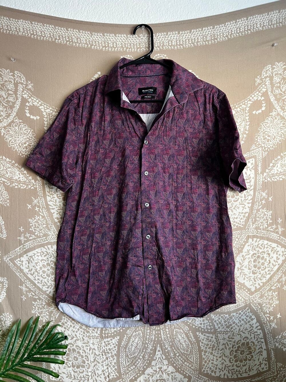 Bugatchi OoohCotton Short Sleeve Shirt Wine Geo Print Men's M
